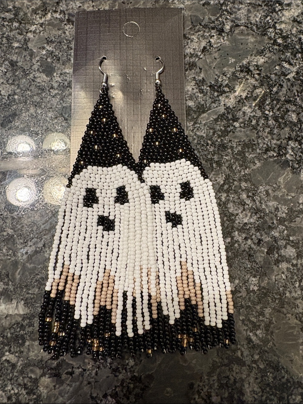 Handmade Black & White Ghost Beaded Fringe Earrings
